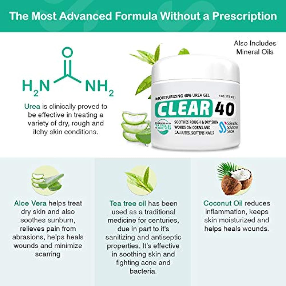 Clear 40, 40% Urea Gel, 4 oz con árbol de té y aceite de coco, extracto de aloe vera, removedor de callos y maíz, hidrata y suaviza los talones agrietados, pies, codos, manos, uñas, rehidrata la piel mejor que las cremas.