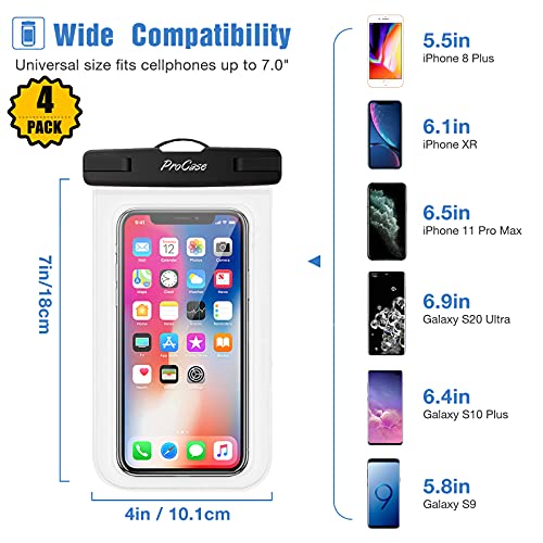 ProCase - Funda impermeable universal para iPhone 12 Pro Max 11 Pro Max Xs Max XR X 8 7 6S, Galaxy S20 Ultra S10 S9 S8/Note10, de 9 hasta 7 pulgadas (4 unidades, negro)