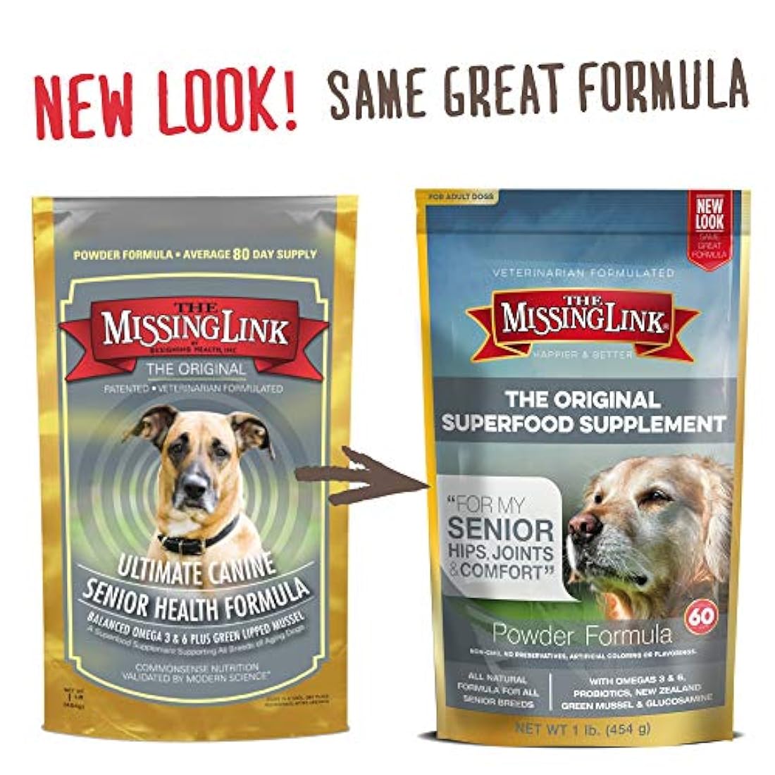 The Missing Link - Suplementos con omegas balanceados y semillas de lino frescas y saludables para el corazón en fórmulas únicas: Cadera y articulaciones, piel y abrigo, anciano, cachorro y salud general - todo natural y sin OMG, Perro, Senior