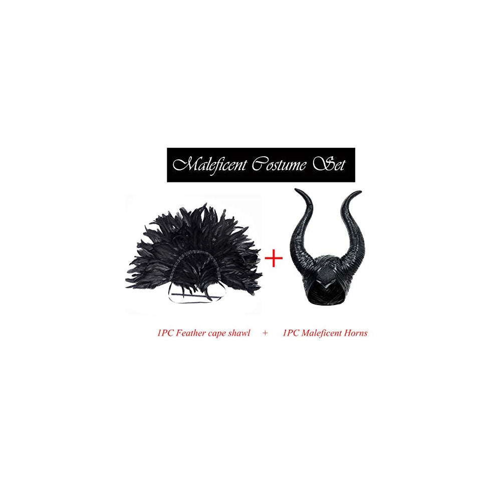Disfraz chal gótico con plumas negras y cuernos Maleficent