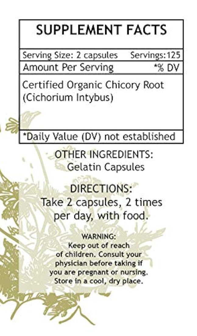 Achicoria 250 Cápsulas 500 mg Relleno con raíz de achicoria