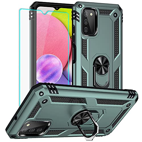 Yiakeng - Funda para Samsung Galaxy A03 con protector de pantalla HD, funda protectora de grado militar con anillo para Samsung Galaxy A03S (verde oscuro)