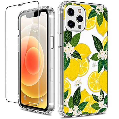 GiiKa Funda para iPhone 12 Pro Max con protector de pantalla, transparente cuerpo completo a prueba de golpes de protección floral niñas mujeres caso duro con TPU parachoques cubierta teléfono caso para iPhone 12 Pro Max, amarillo limones