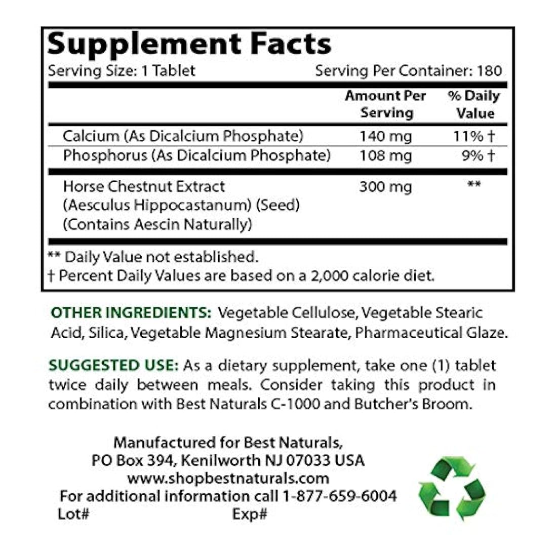 Best Naturals Horse Chestnut Extracto 300 mg 180 tabletas