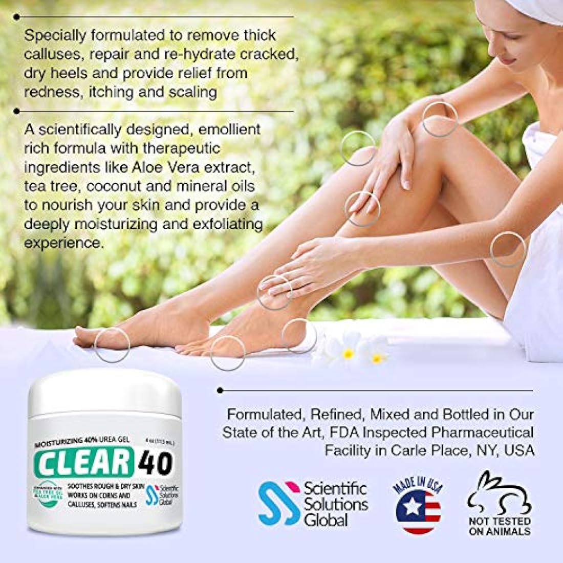 Clear 40, 40% Urea Gel, 4 oz con árbol de té y aceite de coco, extracto de aloe vera, removedor de callos y maíz, hidrata y suaviza los talones agrietados, pies, codos, manos, uñas, rehidrata la piel mejor que las cremas.