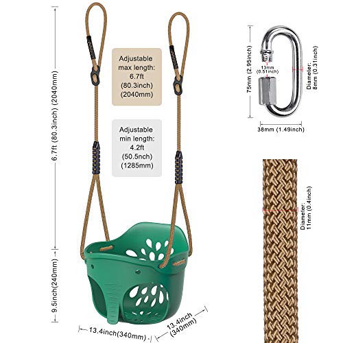 Dolibest Asiento de columpio con respaldo alto completo para niños con cuerda ajustable, bonito juego de columpio de elefante para patio de recreo, límite de peso de 600 libras, 2 mosquetones, color verde