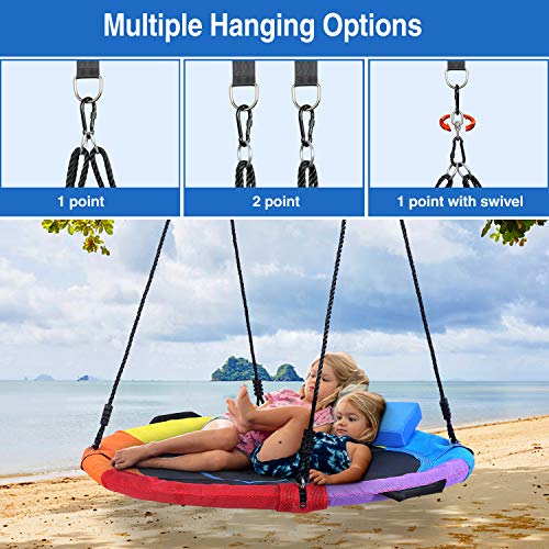 Trekassy 750lbs 40 pulgadas platillo árbol columpio para niños adultos Textilene resistente al desgaste con almohada, giratoria, 2 unidades de 10 pies para colgar árboles