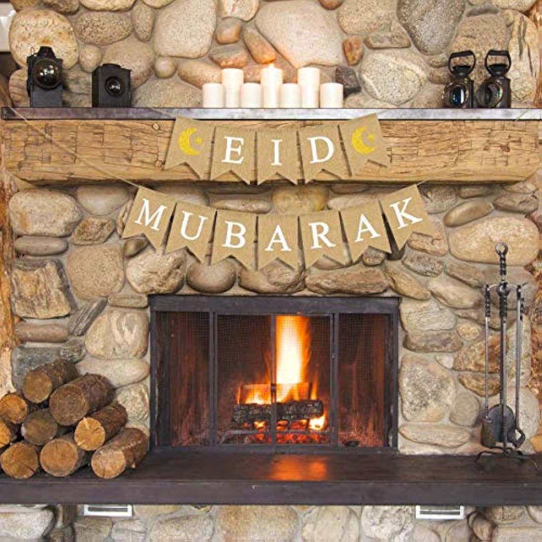 Letrero de arpillera de yute con luna y estrella