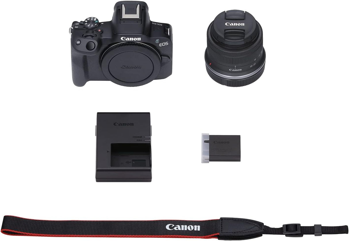 Canon Cámara de vlogging sin espejo EOS R50 (negro) con RF-S18-1.772 in F4.5-6.3 es lente STM, 24.2 MP, video 4K, detección y seguimiento de sujetos, compacta, conexión de teléfono inteligente, creador de contenido