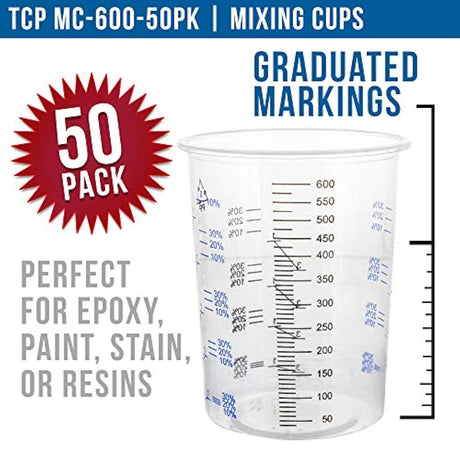TCP Global 20 oz (20.3 fl oz) Vasos de mezcla de plástico transparente desechables y graduados - Caja de 50 tazas - Uso para pintura, resina, epoxi, arte, cocina, cocina, hornear - Proporciones de medición 2-1, 3-1, 4-1, ML