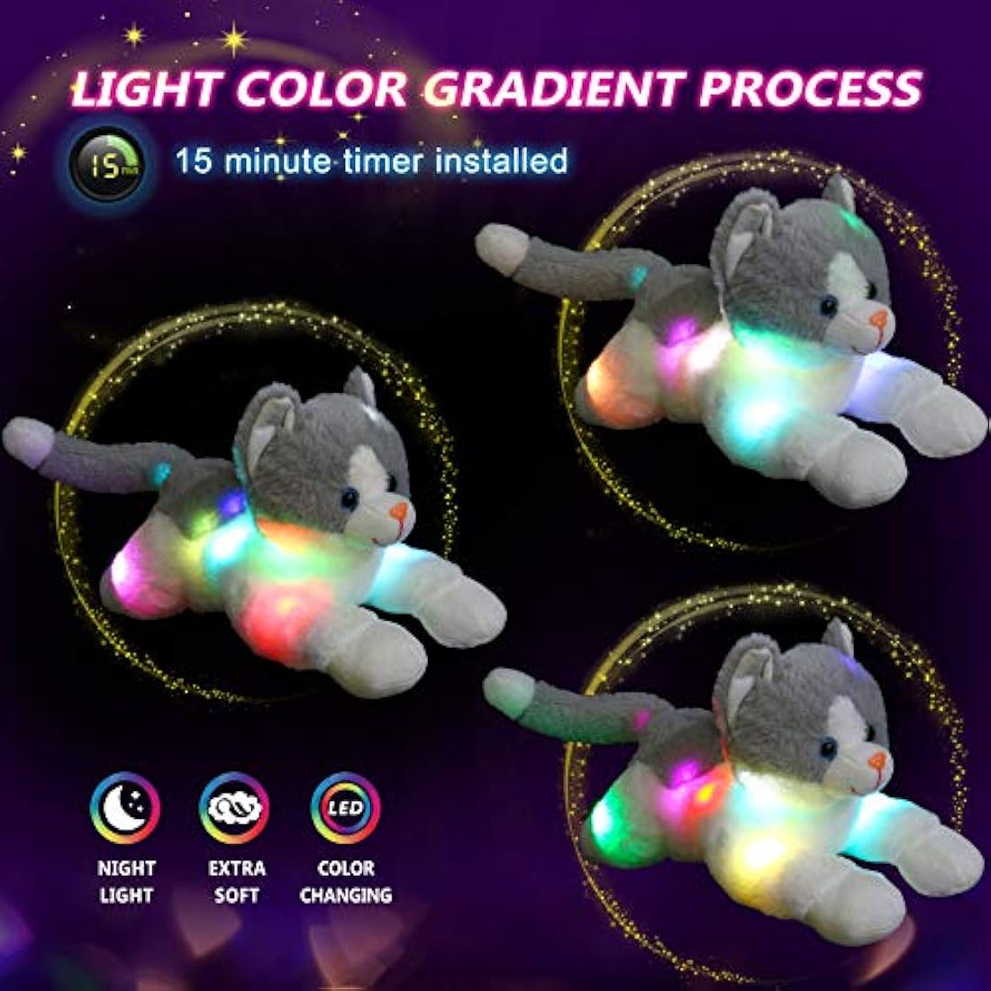 Peluche de gatito con luz LED para niños y niñas 15 pulgadas