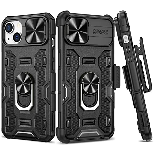 VEGO Funda para iPhone 13 con soporte, cubierta de cámara deslizante y soporte magnético de 360° y clip para cinturón, funda de grado militar, protección resistente a prueba de golpes para iPhone 13, color negro medianoche