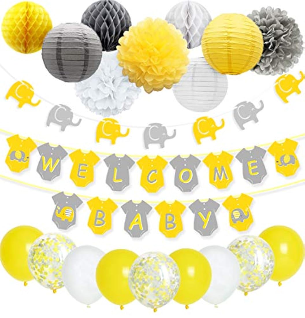 Decoracion para baby shower/amarillo-gris-blanco.Marca Pyle