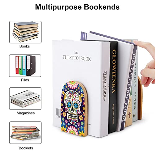 Flower Paisley Sugar Skull Cute Book EndsWooden Bookends Holder for Shelves Books Divider Modern Decorative 1 Pair