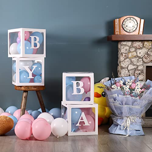 Sooyee Cajas de bebé con letras para baby shower, decoraciones de baby shower transparentes blancas, cajas de globos transparentes, telón de fondo, fiesta de cumpleaños, revelación de género, recuerdos reutilizables en caja de regalo, 4 bloques de bebé