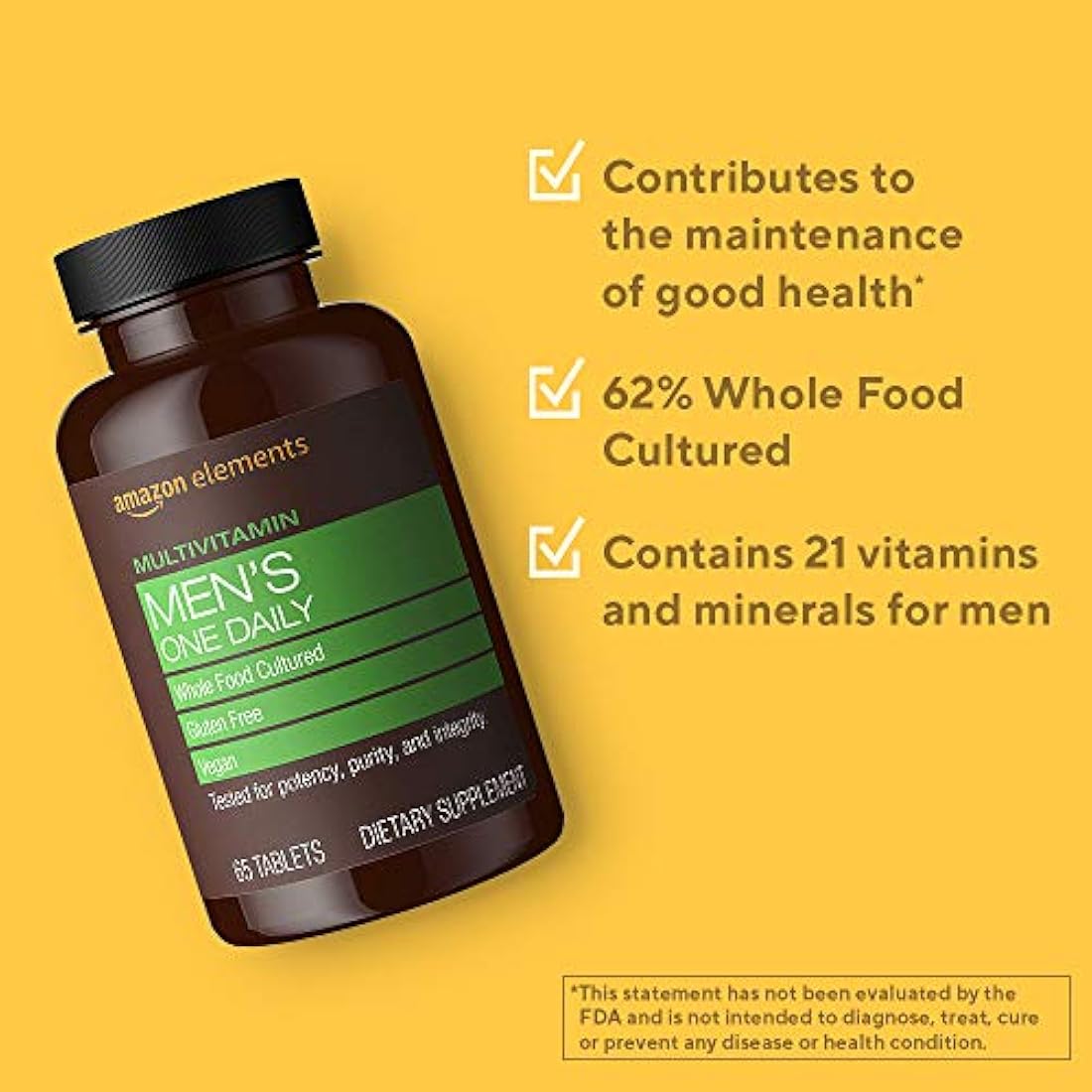 Multivitaminas Men's One Daily, 62% comida integral cultivada, veganas, 65 tabletas, de Amazon Elements