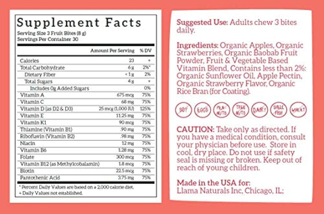 Llama Naturals Bites vitamínicos a base de plantas (adultos); orgánico; sin azúcar añadido, edulcorantes o sintéticos; gominola multivitamínica vegana (D3, B12, folato y más; 90 mordeduras de fruta real (30 días), 1