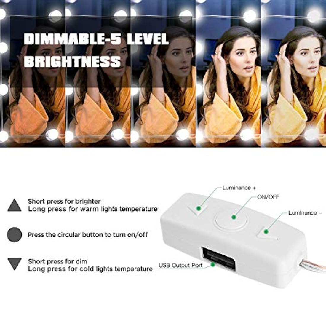 luces de espejo de tocador de color ajustable y brillo