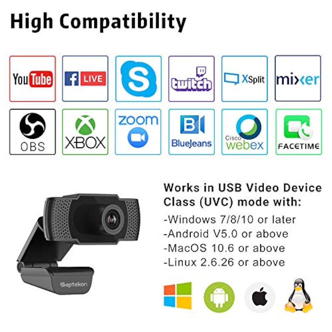 Cámara web HD 1080P con micrófono, septekon Streaming