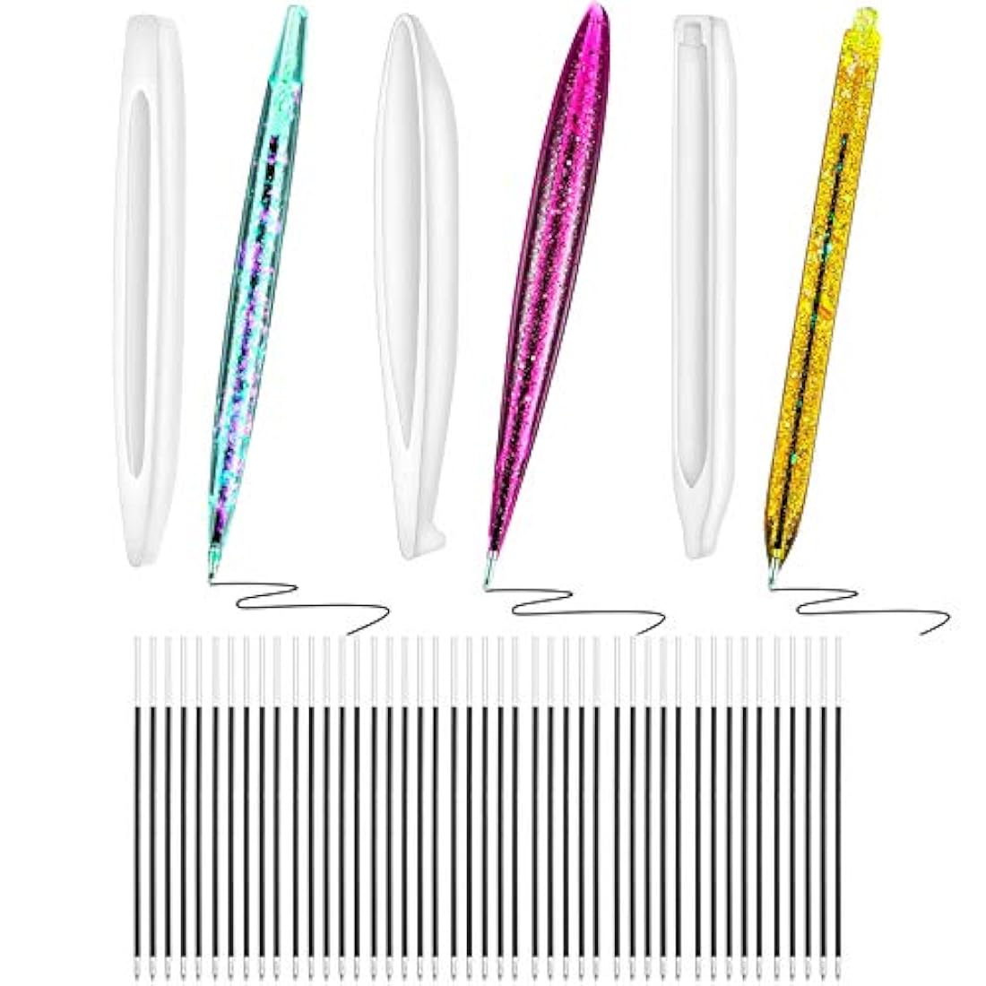 BuQiuRen - Molde de silicona para bolígrafos y bolígrafos de resina de 3 piezas con forma de bolígrafo de epoxi y 45 bolígrafos de recarga, para hacer manualidades con bolígrafos y velas, herramienta para regalo de profesor y estudiante