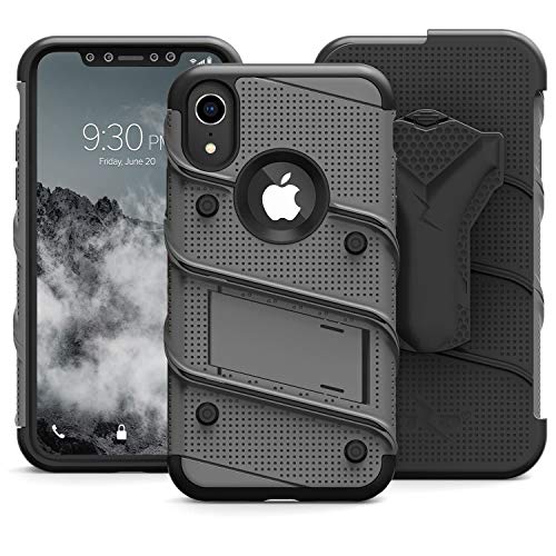Serie Zizo Bolt funda para iPhone XR de grado militar con protector de pantalla de vidrio templado, clip de cinturón, soporte, Gun Metal Gris/Negro
