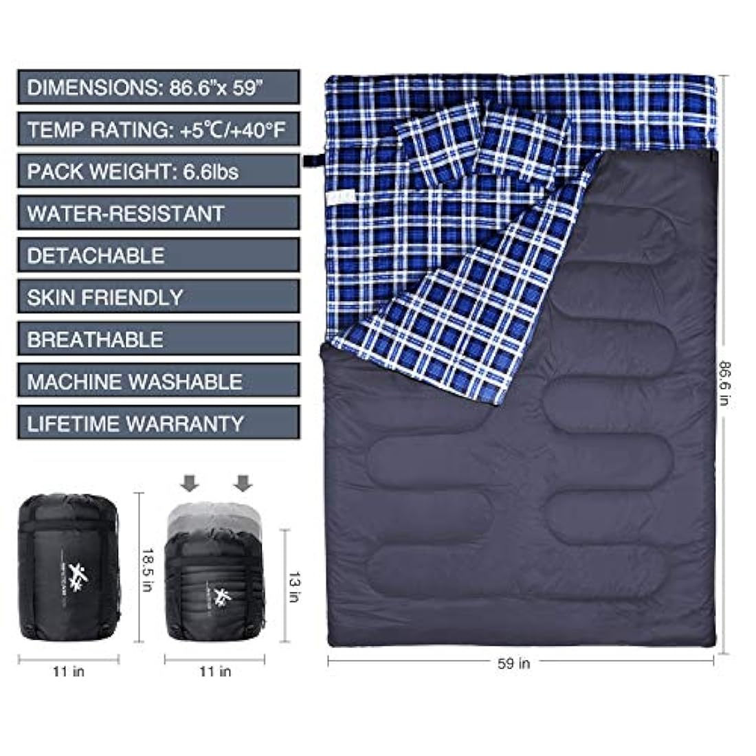 BESTEAM - saco de dormir doble color azul con almohadas