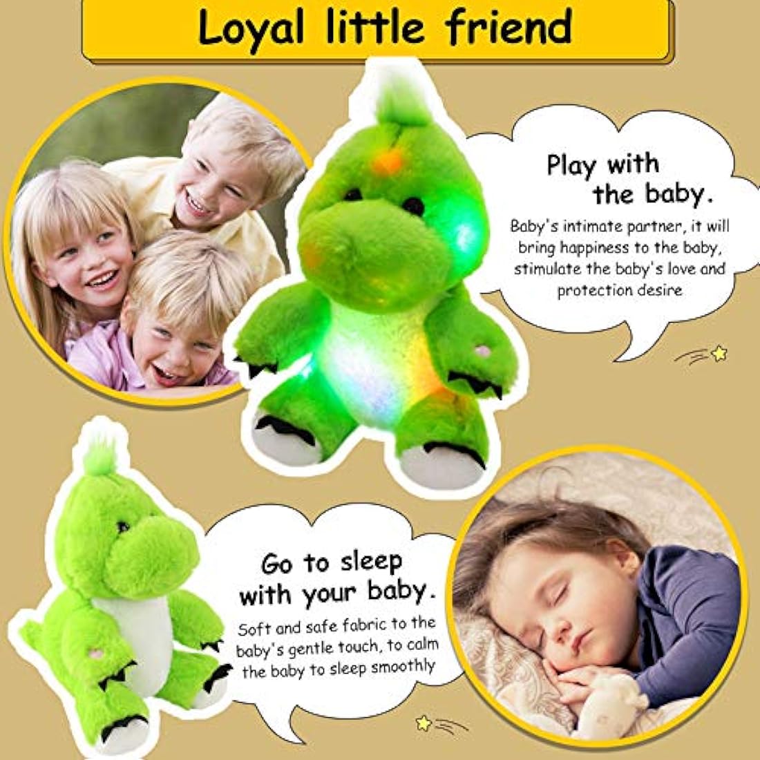 Bstaofy - Peluche con forma de dinosaurio con luces LED