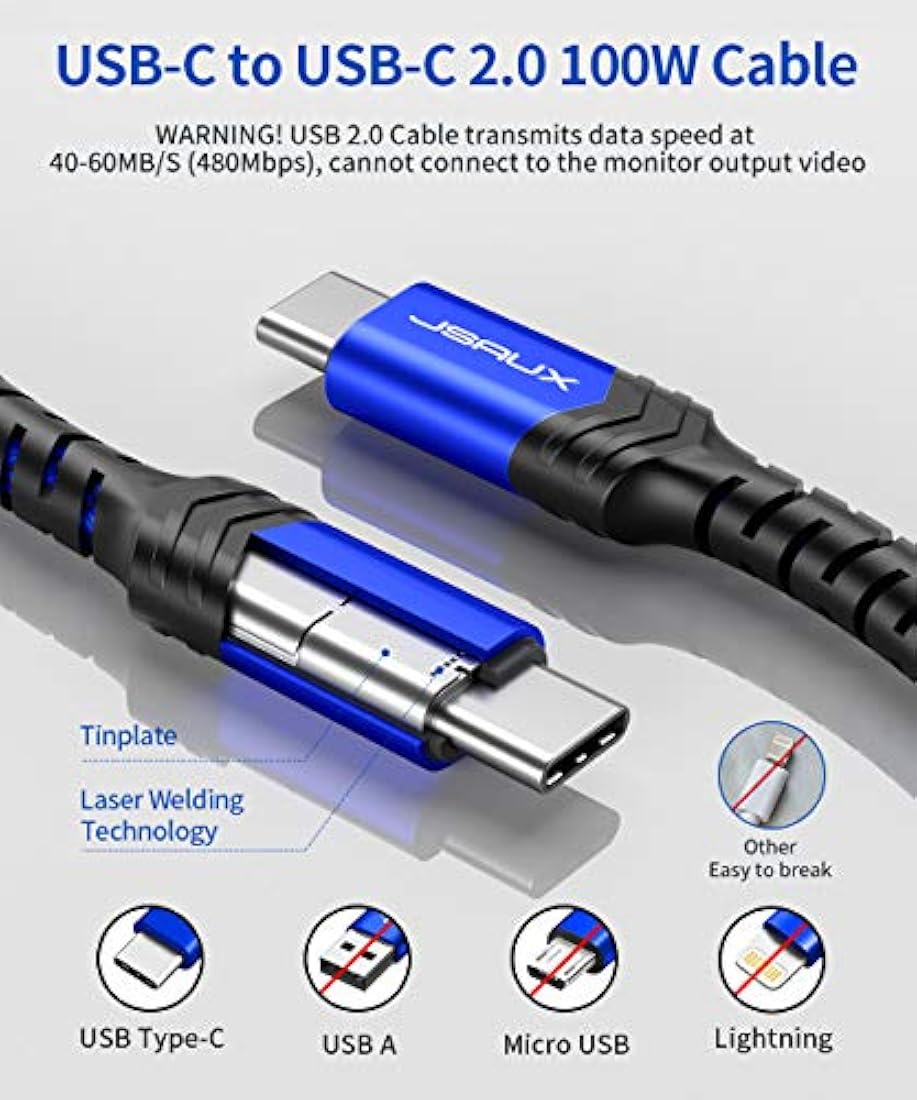 Cable USB-C a USB-C de 100 W, 10 pies, JSAUX 5 A USB tipo C