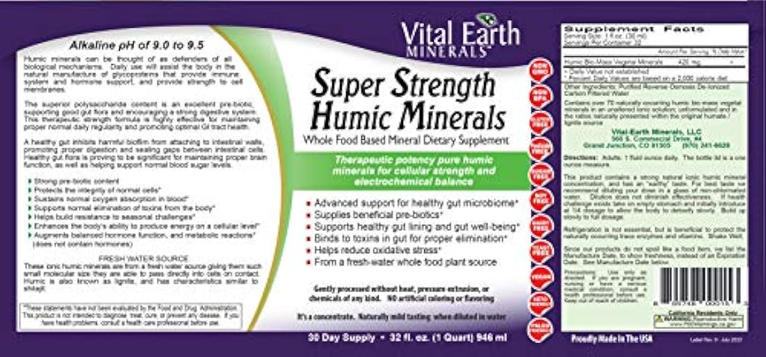 Vital Earth Minerals Super Strength Humic Minerals – 32 fl. Oz.- 1 mes de suministro – Suplemento líquido terapéutico vegano de fuerza traza multimineral – Minerales iónicos a base de plantas de alimentos enteros