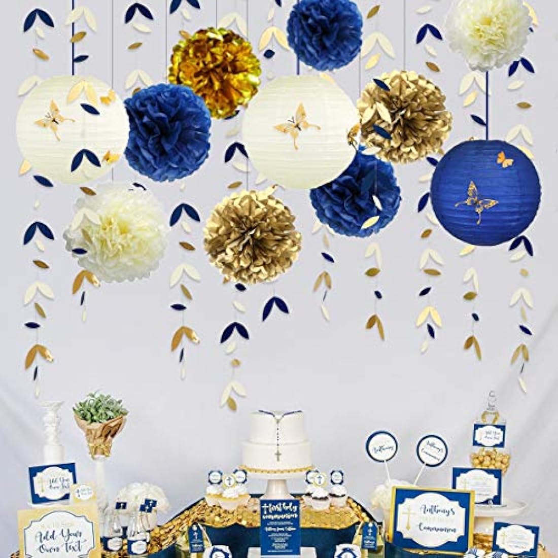 Kit de decoración de fiesta azul marino y dorado, faroleras