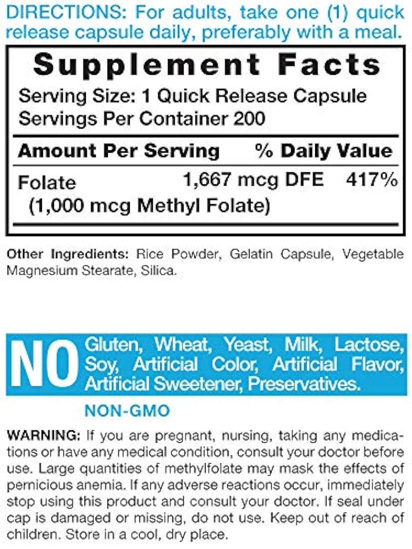 Suplemento de ácido fólico | sin OMG, metilfolato sin gluten