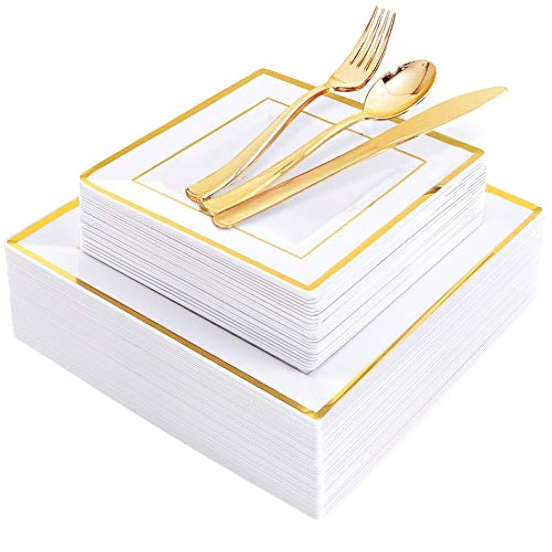 Platos de plástico dorados con cubiertos de plástico