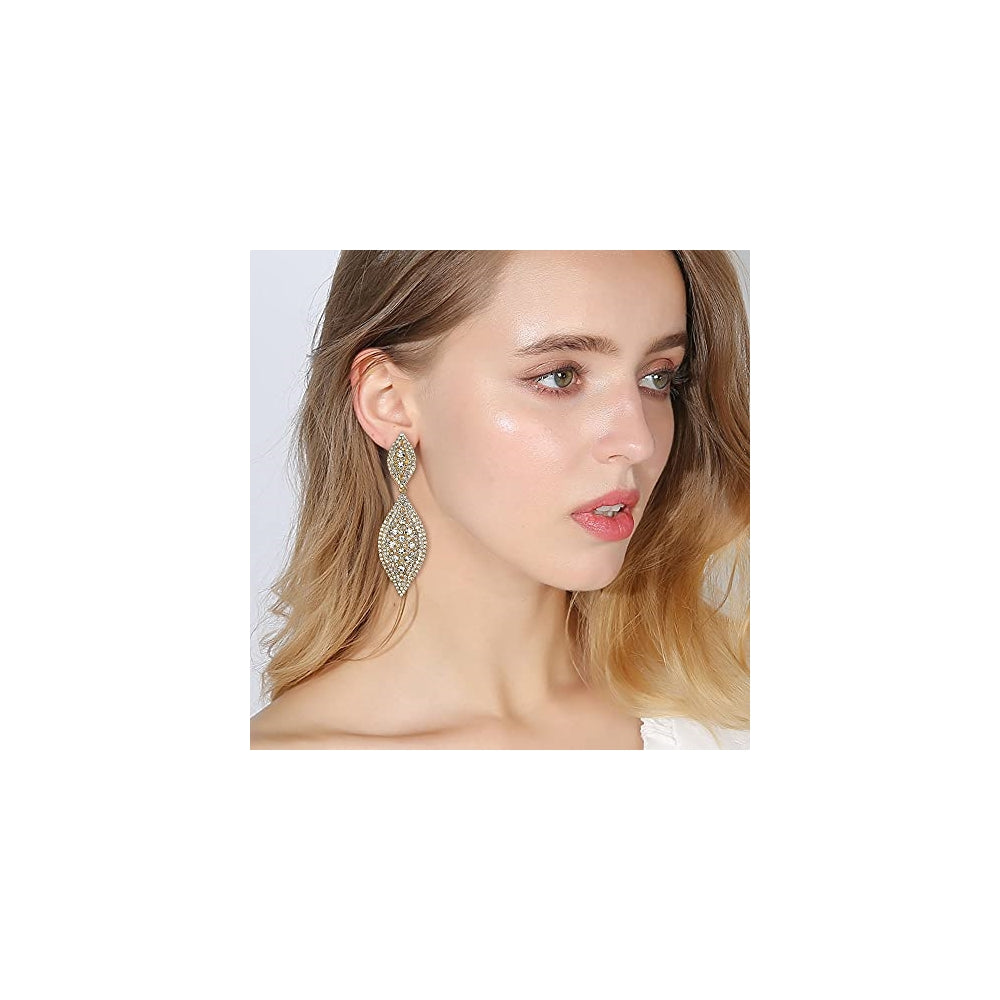 Aretes colgantes de 2 hojas con cristales de estrás dorado