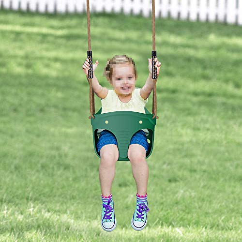 Dolibest Asiento de columpio con respaldo alto completo para niños con cuerda ajustable, bonito juego de columpio de elefante para patio de recreo, límite de peso de 600 libras, 2 mosquetones, color verde
