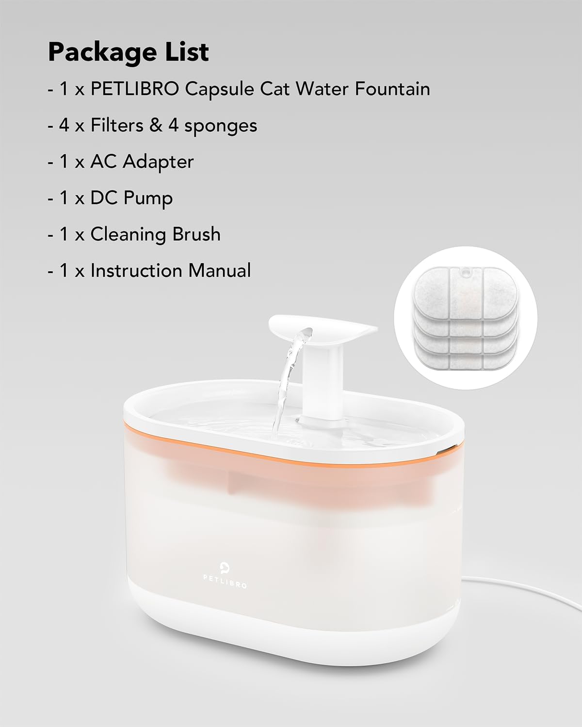 Fuente de agua de 2,1 L para gatos, Blanco WF002 PETLIBRO