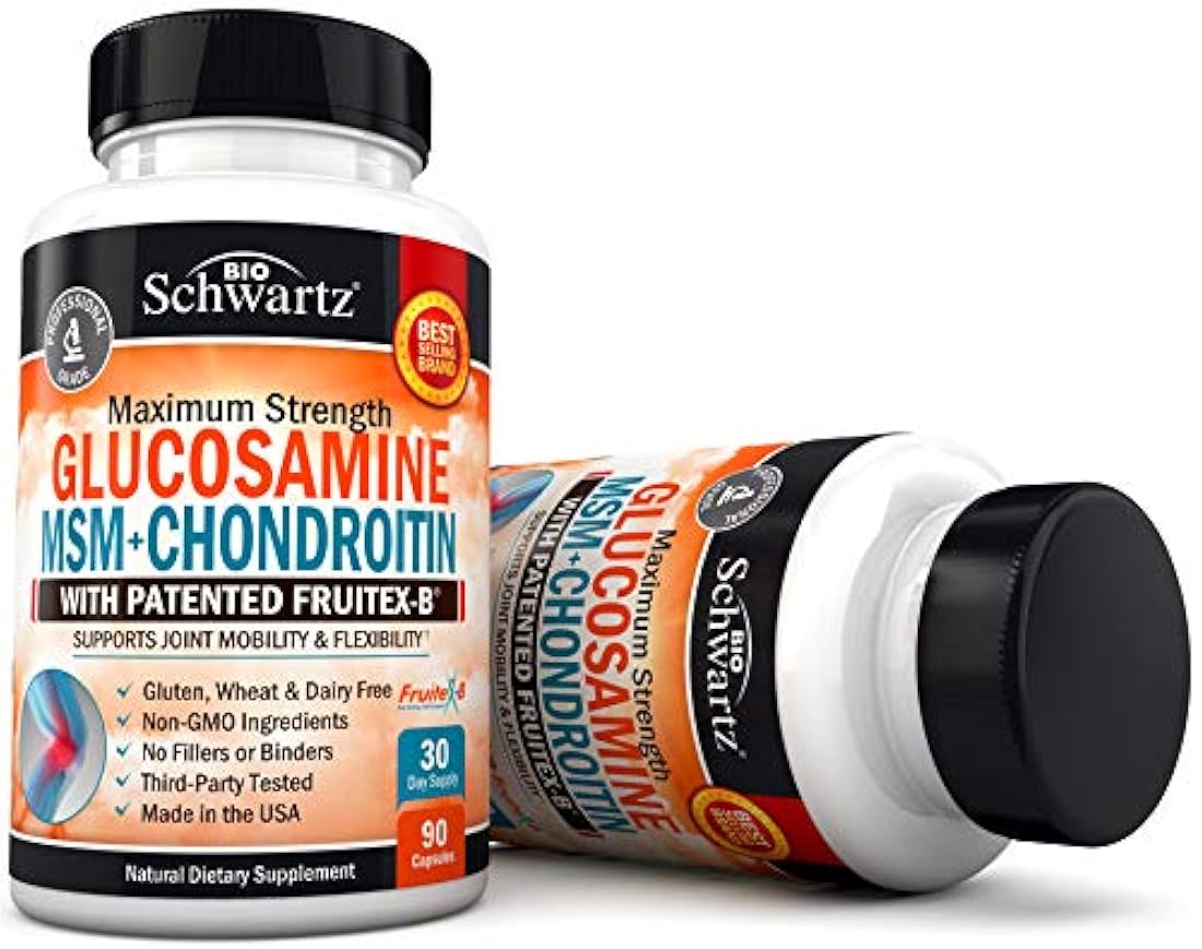 Glucosamina condroitina MSM cúrcuma para alivio del dolor de cadera, articulación y espalda. Suplemento antiinflamatorio con ácido hialurónico, colágeno, boswellia, bromelina y fruitex-B. Sin gluten ni OMG.