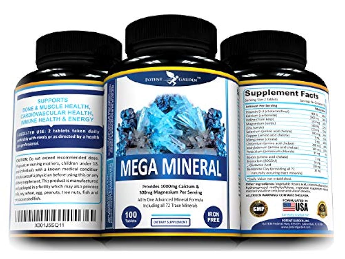 Multi Mineral Plus 1000mg Calcium Magnesium Zinc D3 Supplement - All 72 Trace Minerals- Iron Free - Supports Bone Strength, Joint Flexibility, Heart Health & Immune System by Potent Garden