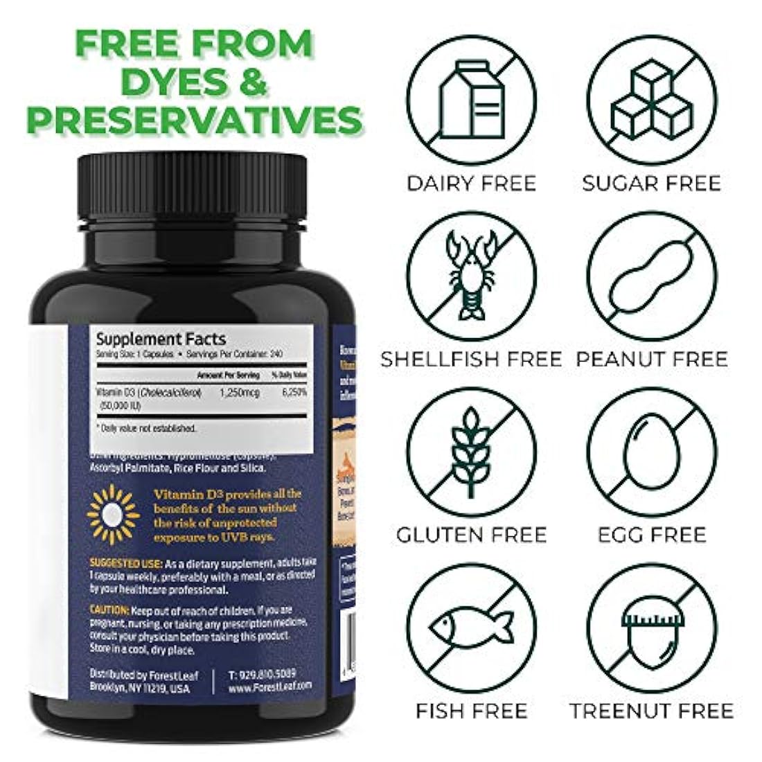Vitamin D3 50,000 IU Weekly Supplement - 240 Vegetable Capsules - For Bones, Teeth, Immune System and Muscle Function - by ForestLeaf