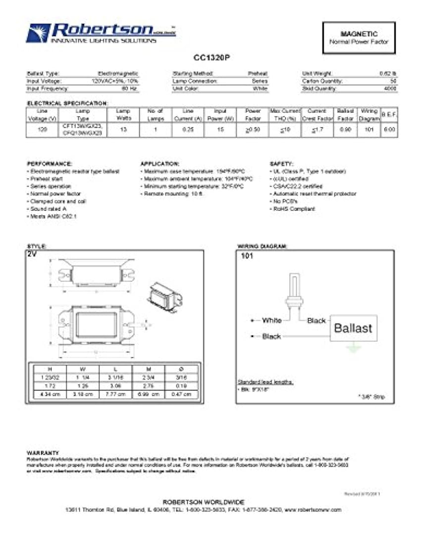 Balasto fluorescente para 1 lámpara Robertson 120 Vac