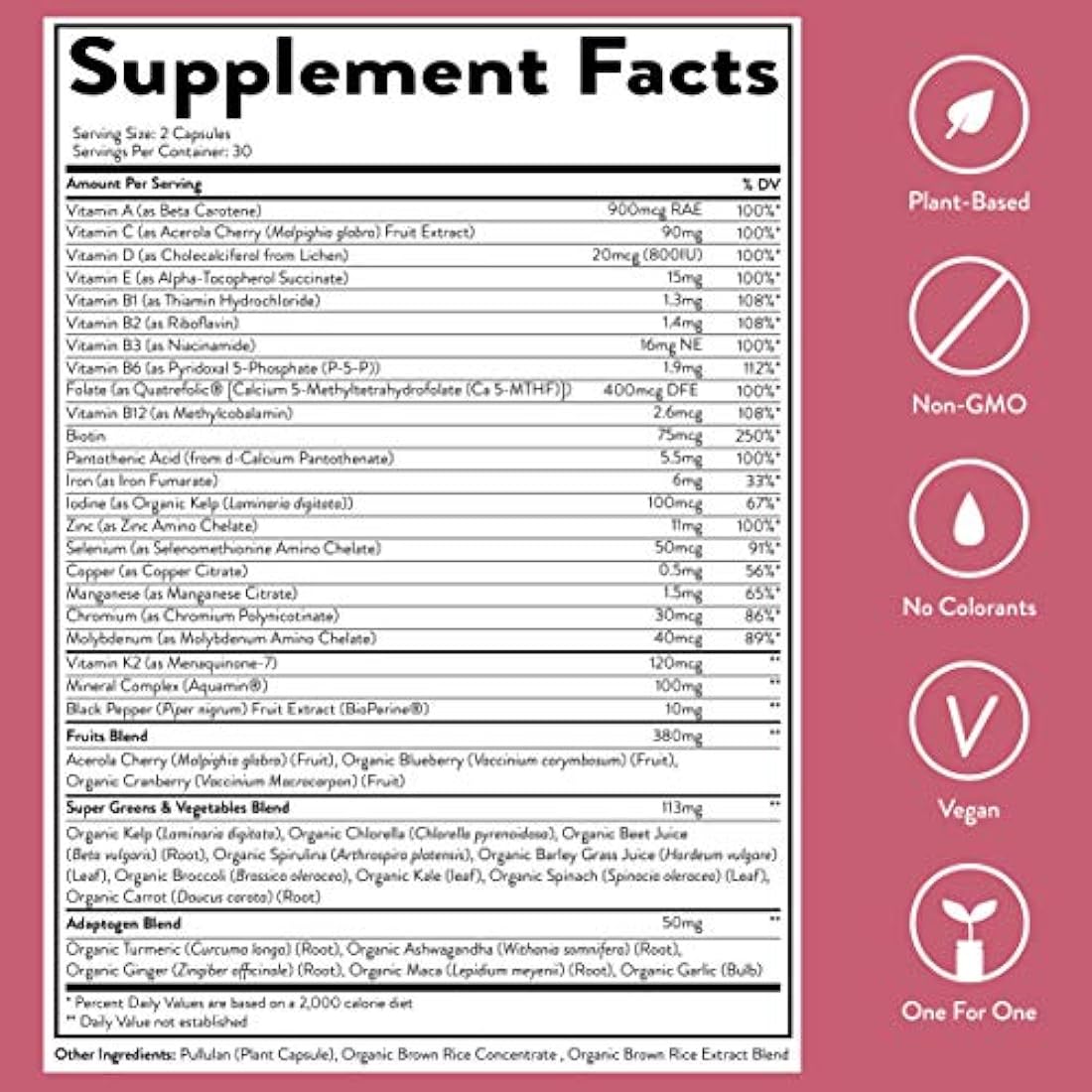 Multivitamínico para las mujeres Suplemento diario - con vitaminas de alimentos integrales, a base de plantas, frutas y verduras orgánicas. Vitamina A, complejo B, C, D3, E, K2 pimienta negra. Vegano y sin OMG - 60 cápsulas.