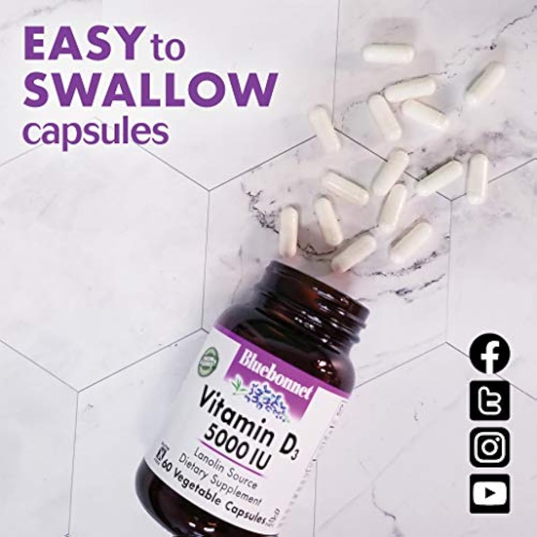 Bluebonnet Nutrition Vitamina D3 2000 UI Cápsula vegetal, ayuda en el crecimiento muscular y esquelético, colecalciferol de Lanolin, D3, sin OMG, sin gluten, sin soja, sin leche, Kosher, 90 cápsulas vegetales