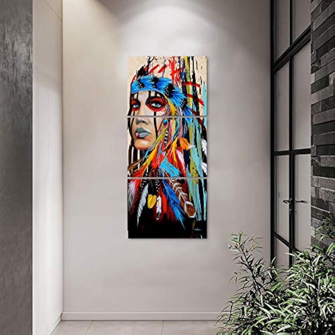 Pintura niña nativo americano con plumas