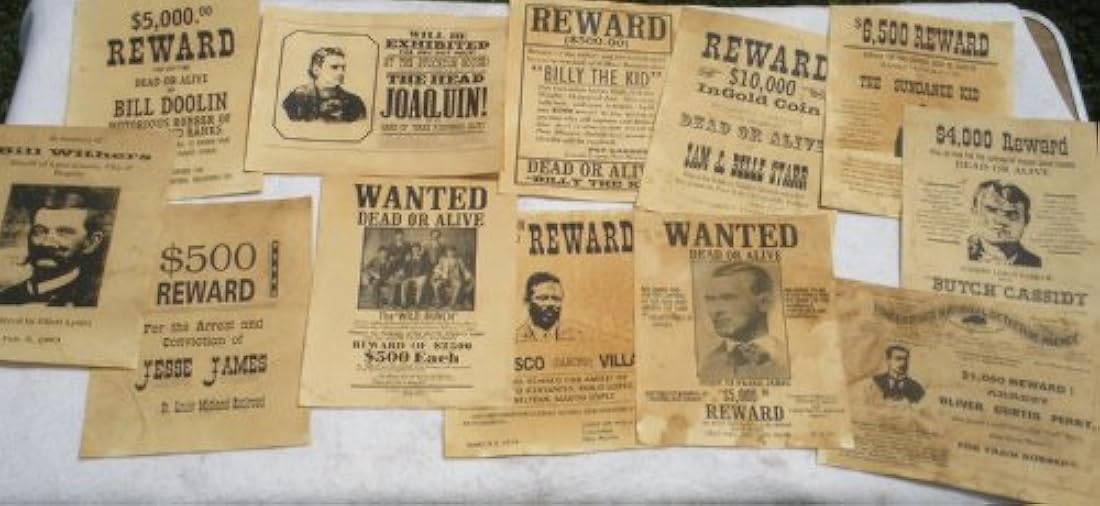 Juego de 12 pósteres de recompensa Old West Wanted