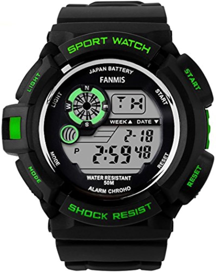 fanmis Militar Mens Deporte Watches Multi Función Impermeable despertador digital negro correa de hule reloj verde