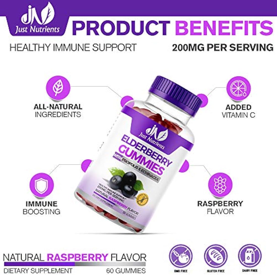 Elderberry 200 mg Gommies con vitamina C,equinácea,propóleos