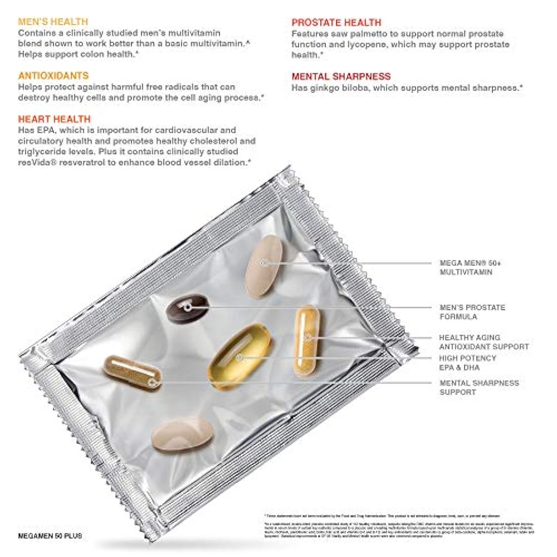 GNC Mega Men 50 Plus Vitapak, 30 paquetes, apoyan la salud del corazón y la próstata y promueve la nitidez mental