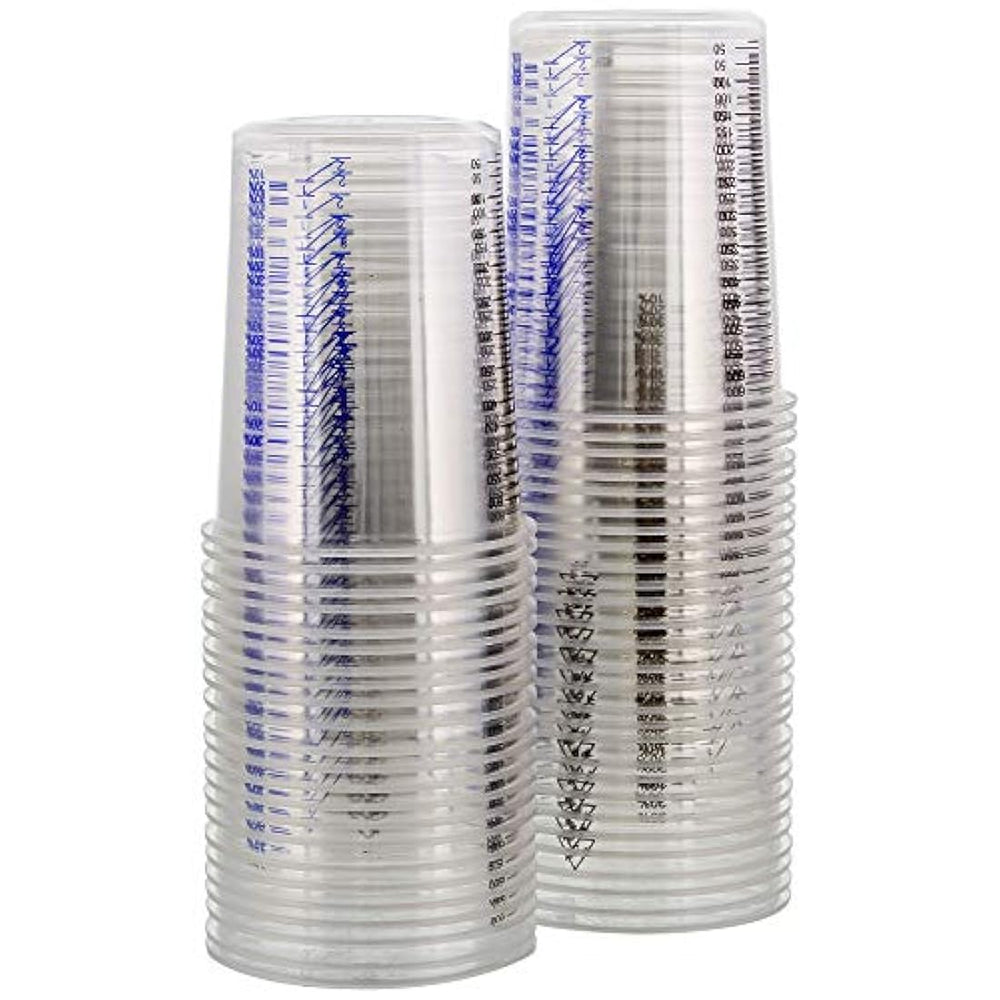 TCP Global 20 oz (20.3 fl oz) Vasos de mezcla de plástico transparente desechables y graduados - Caja de 50 tazas - Uso para pintura, resina, epoxi, arte, cocina, cocina, hornear - Proporciones de medición 2-1, 3-1, 4-1, ML