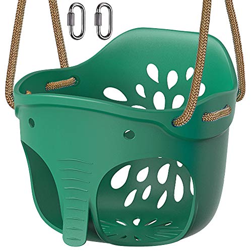 Dolibest Asiento de columpio con respaldo alto completo para niños con cuerda ajustable, bonito juego de columpio de elefante para patio de recreo, límite de peso de 600 libras, 2 mosquetones, color verde