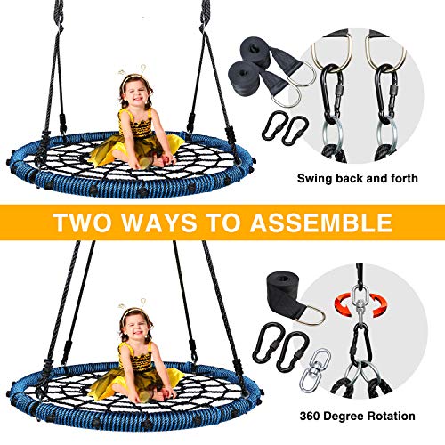 Trekassy Columpio para árbol de telaraña de 10 pies, 45 pulgadas para niños y adultos con giratorio, 2 correas para colgar en árbol de 10 pies, marco de acero y cuerdas ajustables