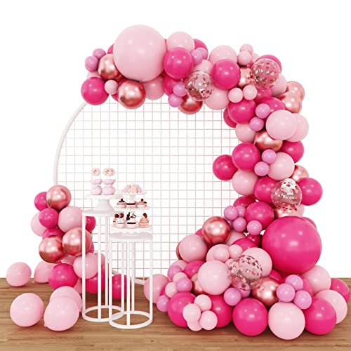 RUBFAC 129 globos de látex de color rosa intenso, diferentes tamaños, 18, 12, 10, 5 pulgadas, kit de globos de fiesta para cumpleaños, baby shower, boda, princesa, decoración de fiesta temática
